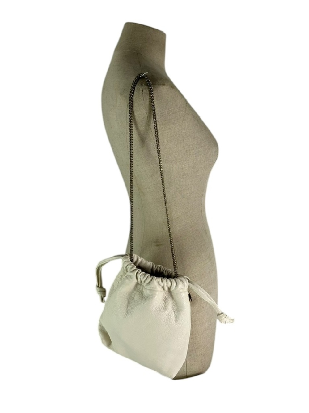 Genuine CLARE V Off White Leather Drawstring Chain Link Bag
